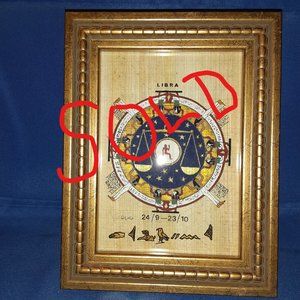 Framed Hand Painted Egyptian Astrology Chart On Papyrus Libra Artist Signed